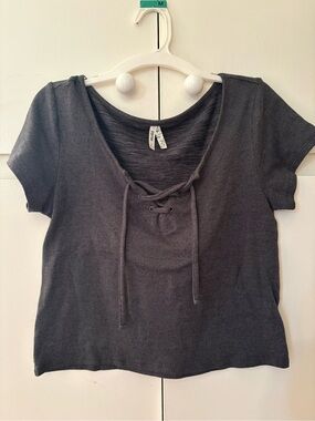 Mudd Lace-Up Scoop Neck Short Sleeve Top - Charcoal
